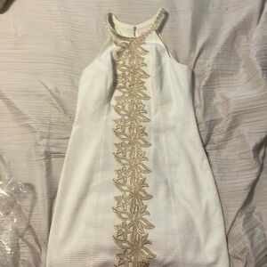 Lilly Pulitzer yneck dress sz 6 white(gold appliqués vertically down the front)